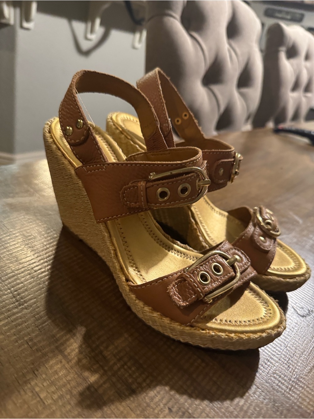 ANTONIO MELANI Tan Espadrille Wedge Sandals with Buckle Accents